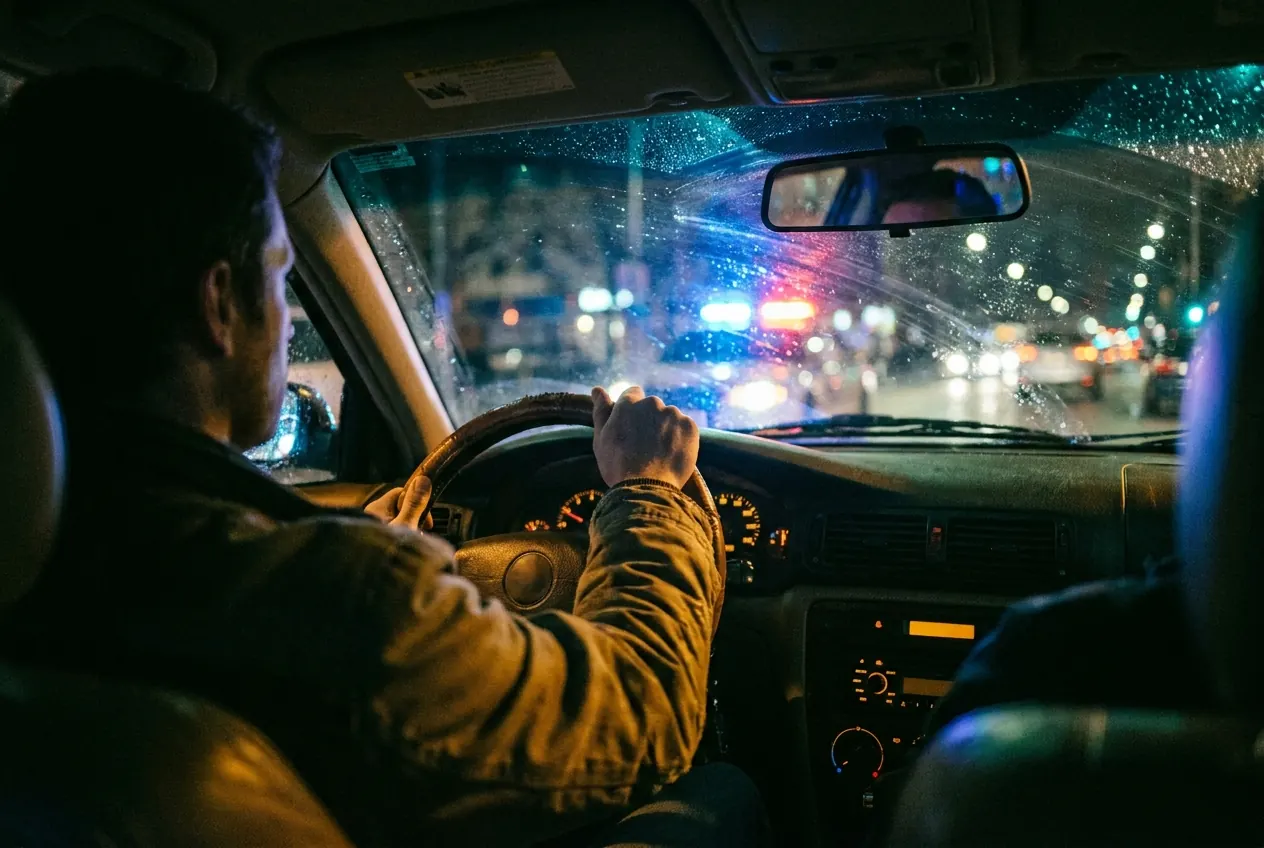 Kierowca nocą za kierownicą, przed nim światła radiowozu - jazda po alkoholu adwokat Warszawa