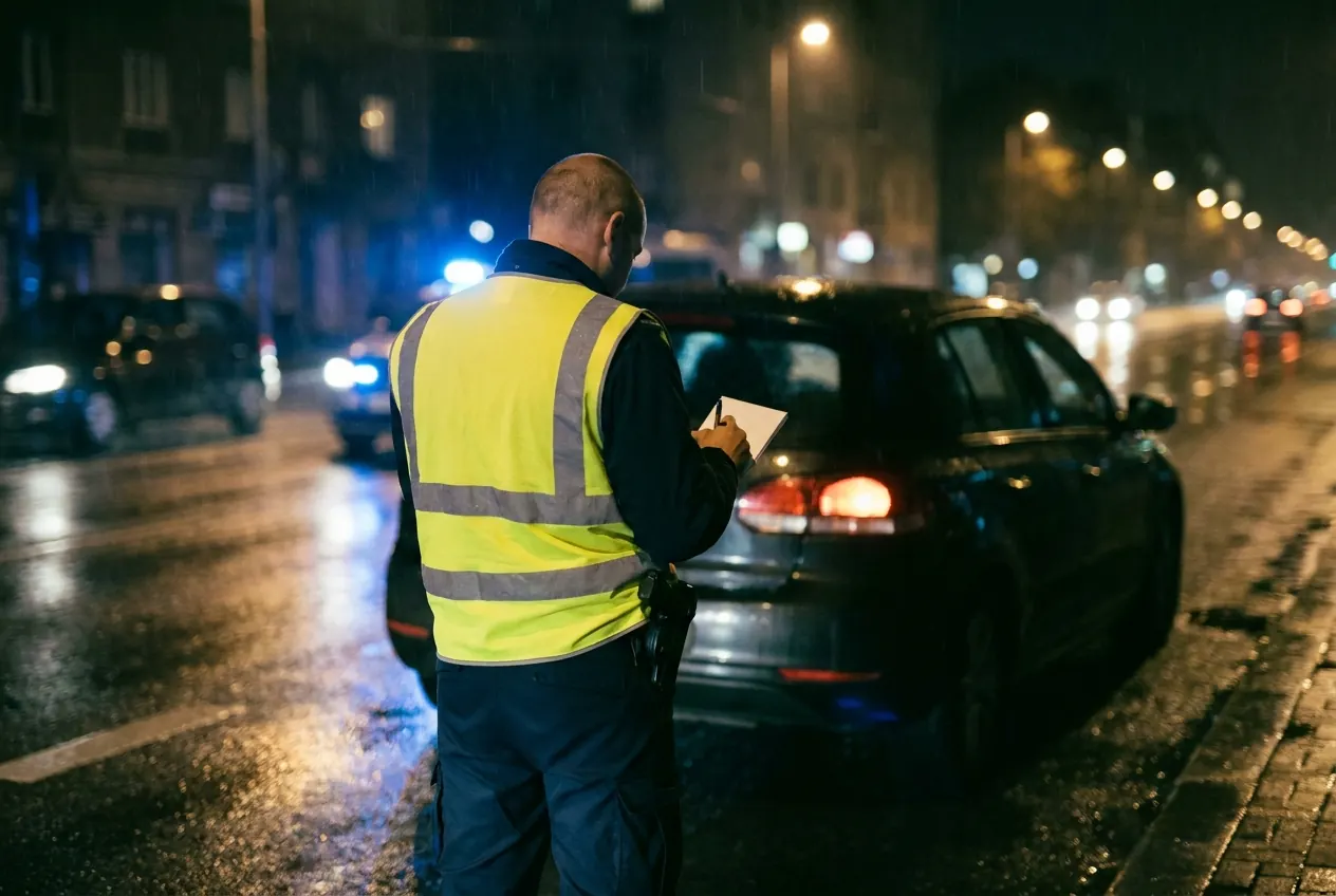 Policjant wypisujący mandat przy zatrzymanym aucie nocą - wykroczenia drogowe adwokat Warszawa